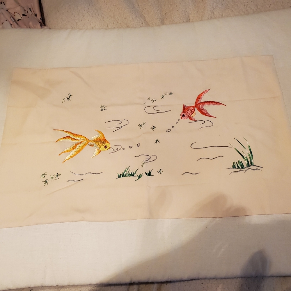 Pr. Pale Peach Pillow Covers with Embroidered Betta Siamese Fighting Goldfish - Picture 2 of 6